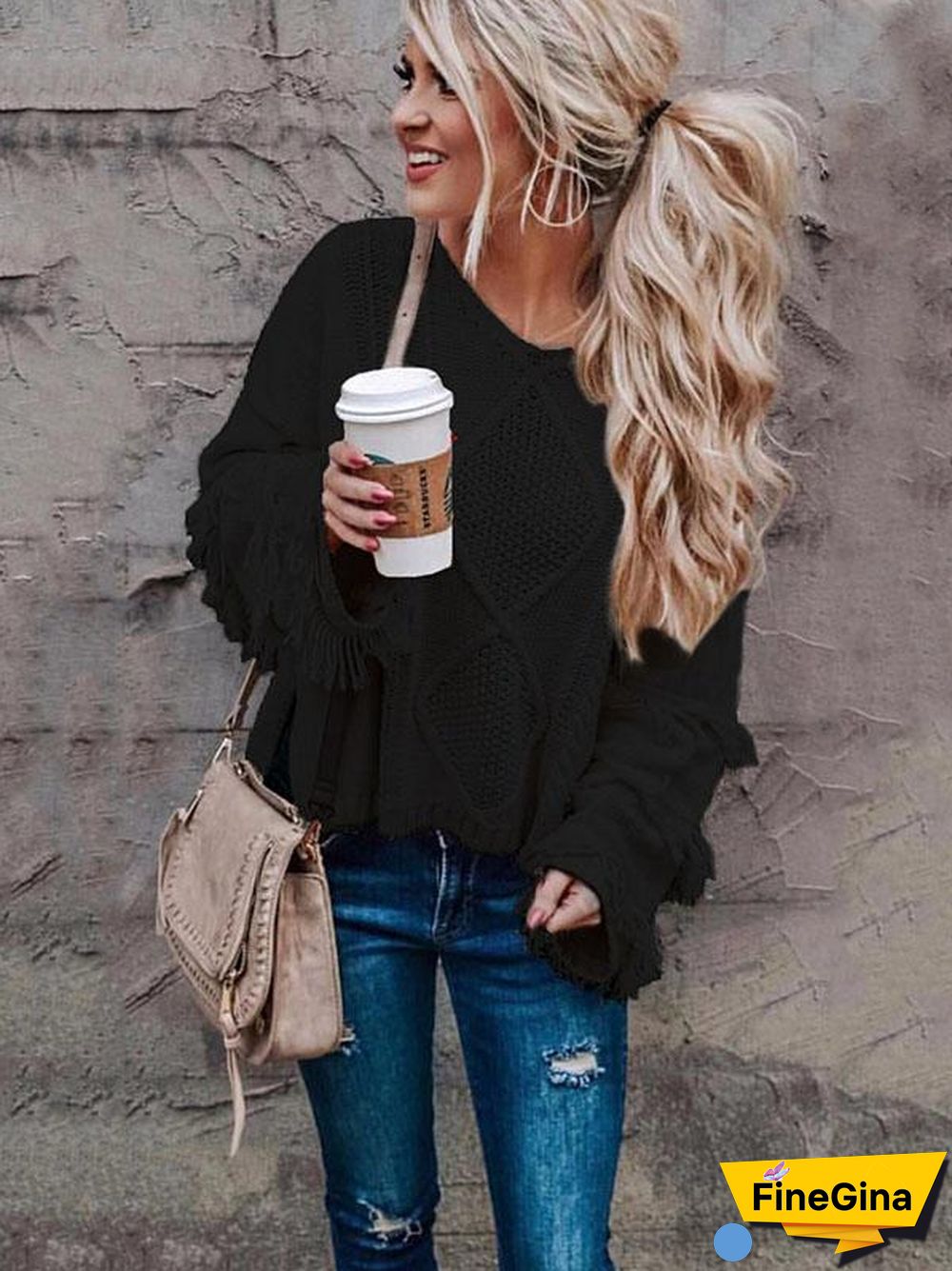 Solid Color V-neck Loose Sweater Tops