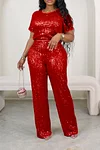 Women's Party Sparkly Sequin T-shirt & Pants Set Suit 