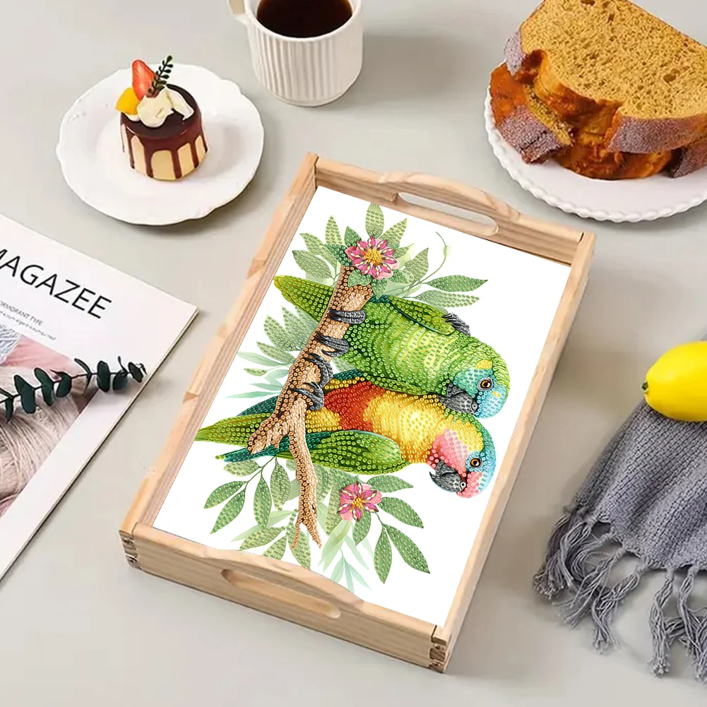 5D DIY Flower Parrot Diamond Painting Wooden Serving Tray with Handle for Desk