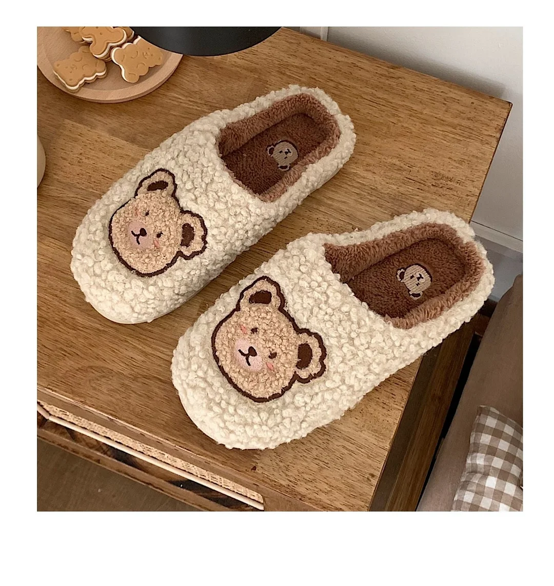 2022 Winter Women Slipper Lovely Bear Cartoon Plush Cotton Home Slippers Female Indoor Household Anti-Skid Thick Bottom Slipper
