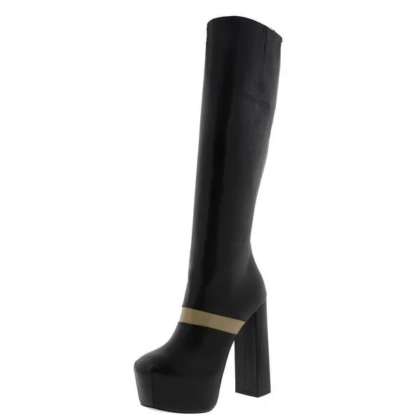 Black and Khaki Chunky Heel Boots Platform Mid-calf Boots |FSJ Shoes