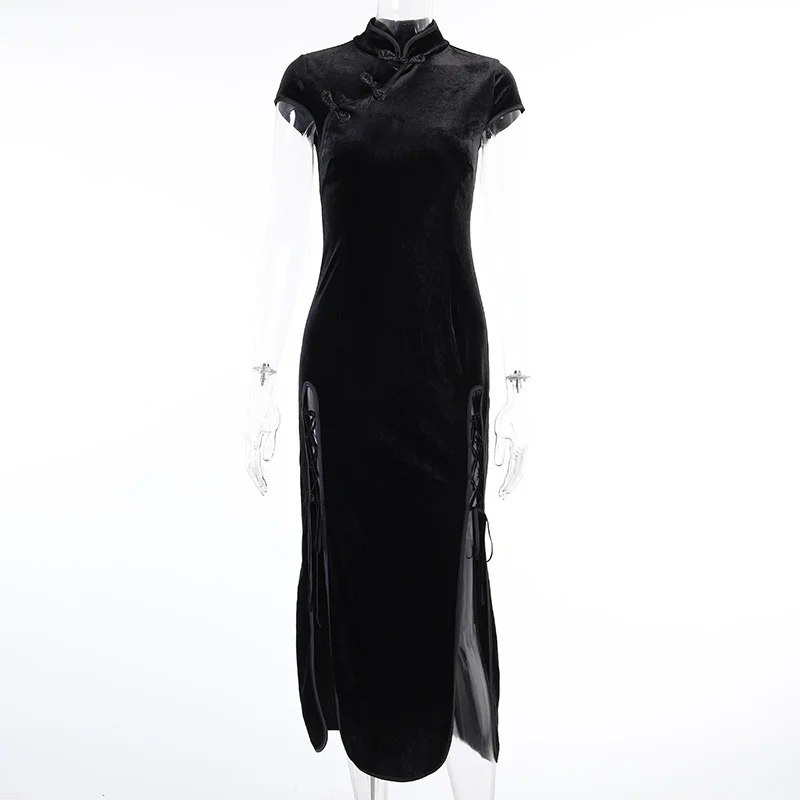 Ueong Summer New Retro Pure Black Cheongsam Women's Dress Ins Fashion Sexy Temperament Forked Dress Women