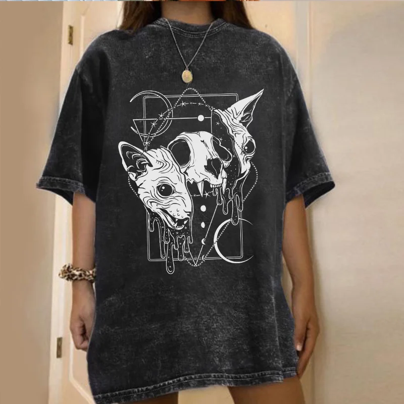   Hairless cat skull Skeleton printed T-shirt - Neojana