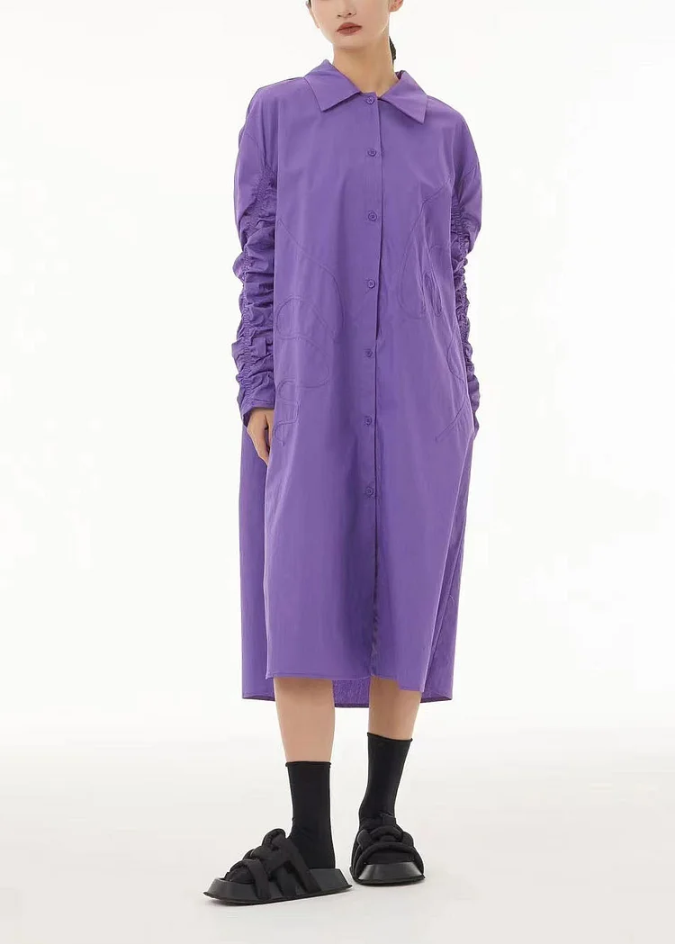 5.1Boho Purple Peter Pan Collar Wrinkled Cotton Long Dress Spring