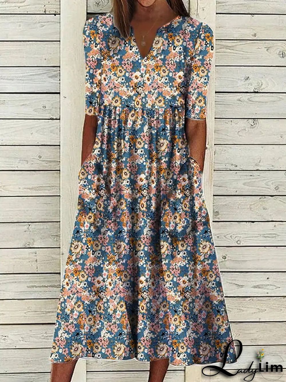Women's Floral Short Sleeve V-neck Floral Printed Midi Dress with Pockets