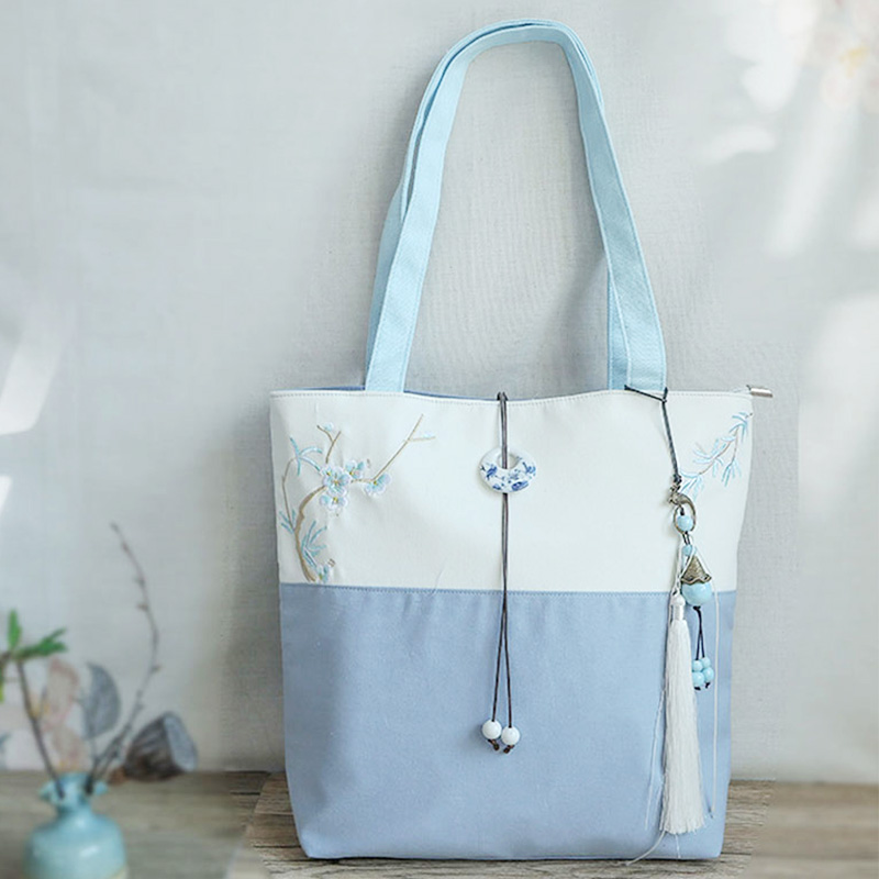 Plum Embroidery Color Block Vintage Tote Bag