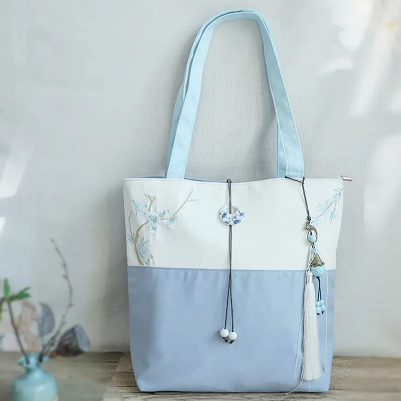 Plum Embroidery Color Block Vintage Tote Bag