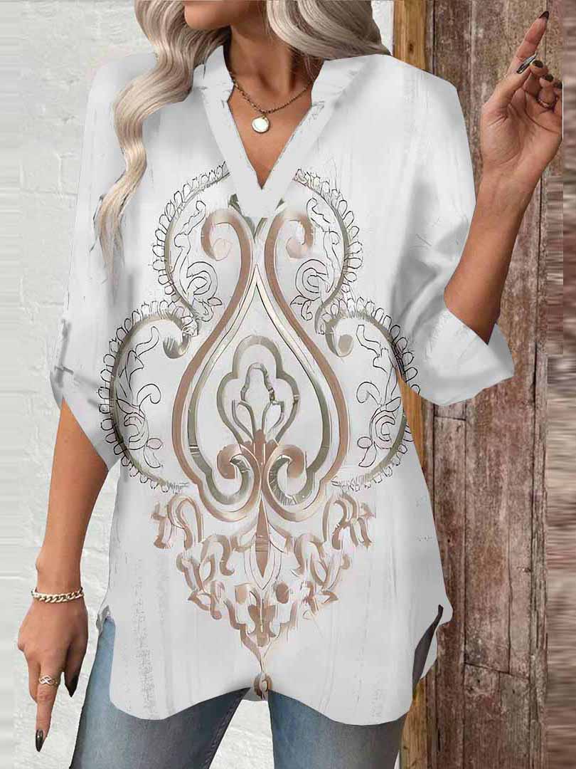 Women Bohemian, Retro, Off-White DZGA0450 3/4 Sleeve V-neck Printed Graphic Button Tops