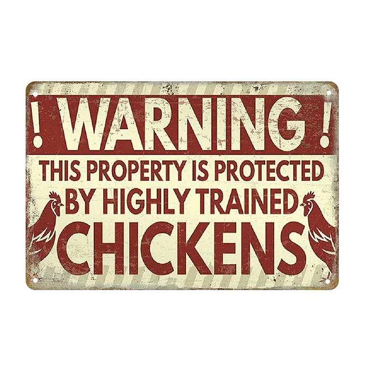 Avertissement que la propriété est protégée par des poulets hautement entraînés - enseignes en étain vintage / panneaux en bois - 7.9x11.8in et 11.8x1