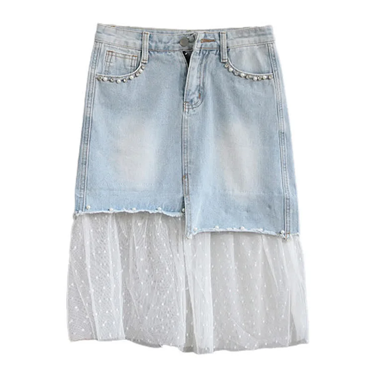 High Waist Lace Stitching Pearl Decor Denim Skirt - Modakawa modakawa