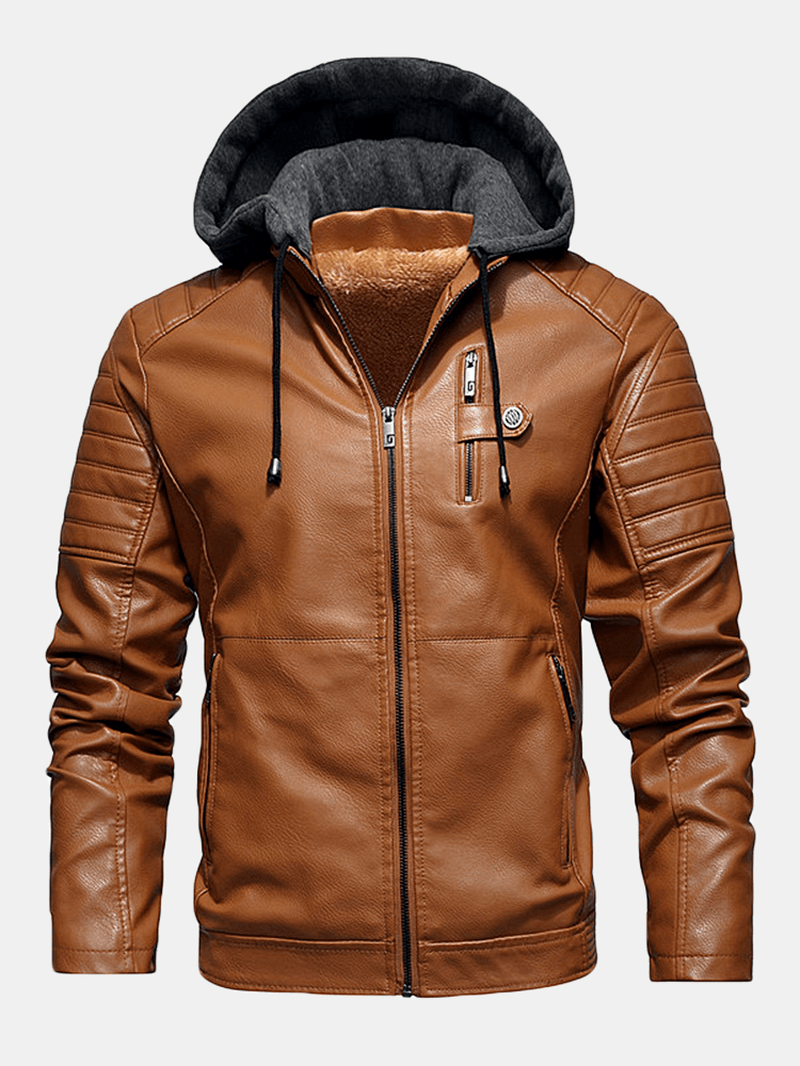 Mens PU Leather plus Velvet Zip Front Thicken Hooded Jackets with Zipped Welt Pockets