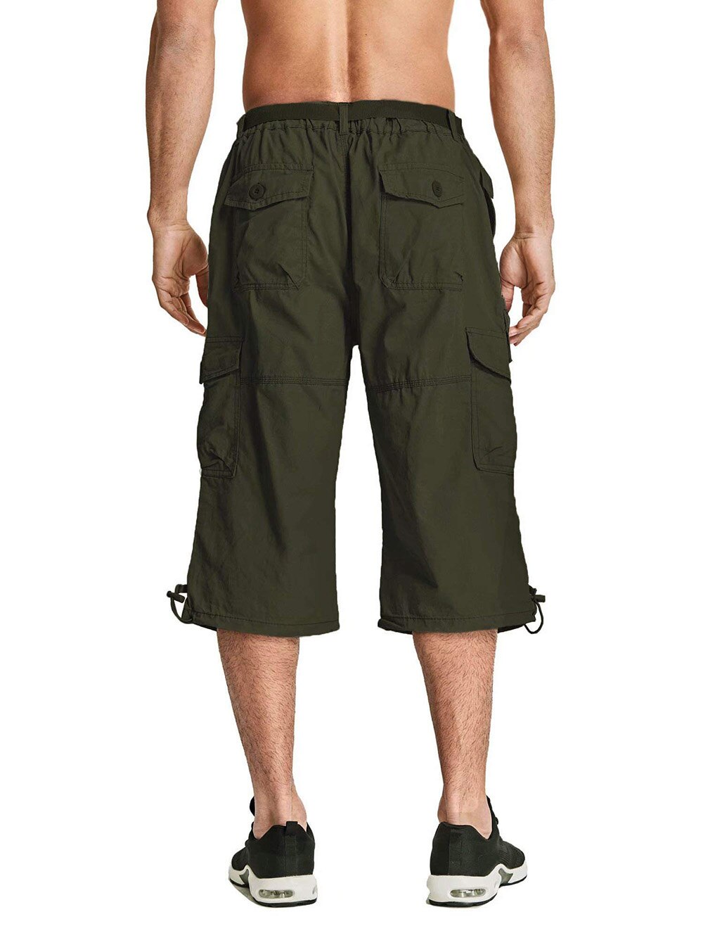 Men Summer Casual 3/4 Long Cargo Twill Cotton Elastic Waist Multiple Pockets Baggy Comfortable Capris Trousers