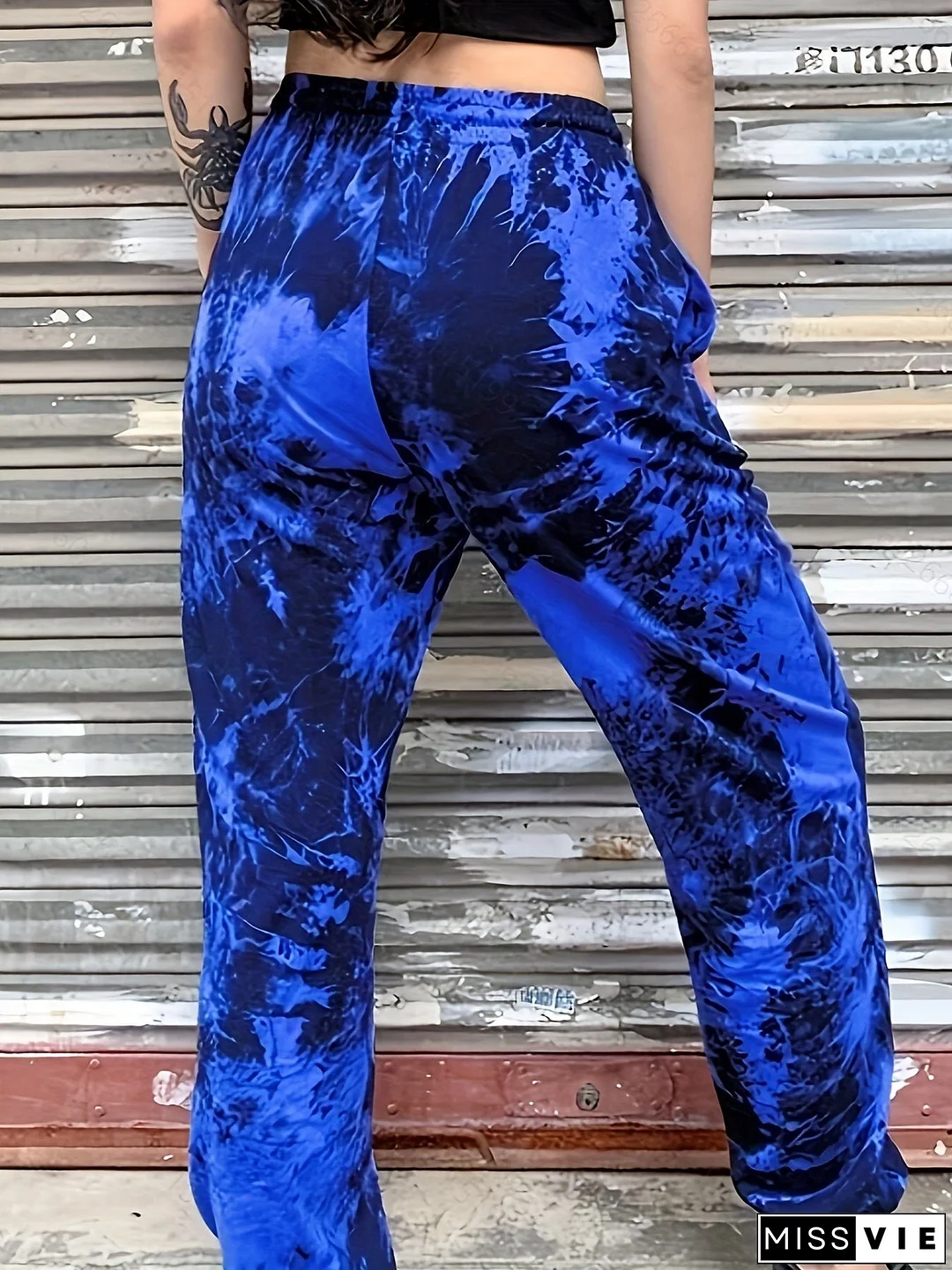 Plus Size Casual Pants, Women's Plus Tie Dye High Waist Harem Drawstring Pants With Pockets