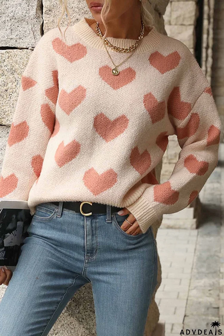 Heart Printed Crew Neck Knitted Sweater