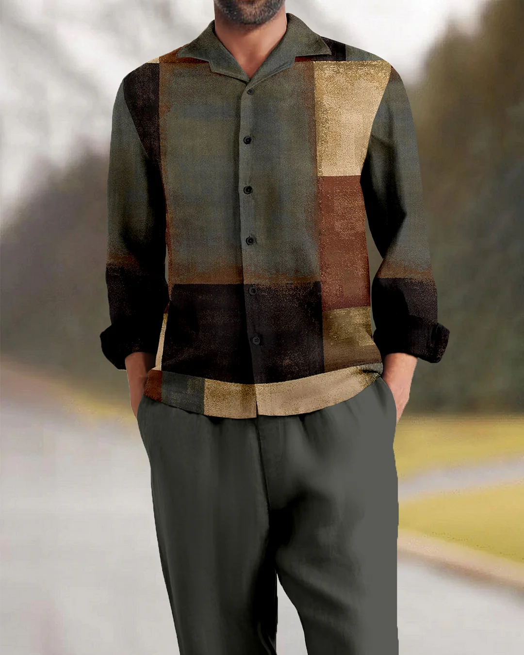 Suitmens Men's Retro Geometry Long Sleeve Walking Suits-0136