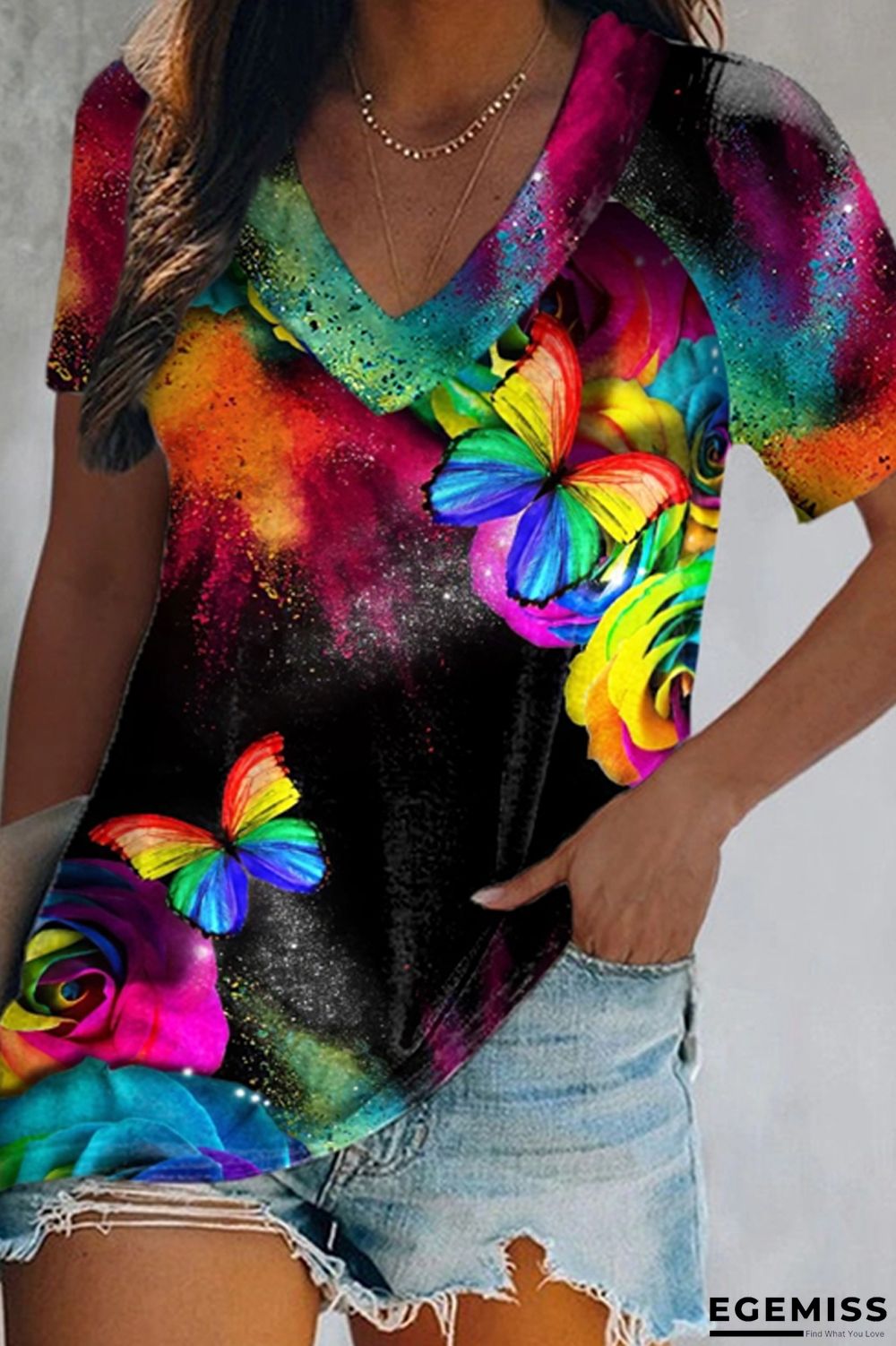 Black Fashion Casual Print Patchwork V Neck T-Shirts | EGEMISS