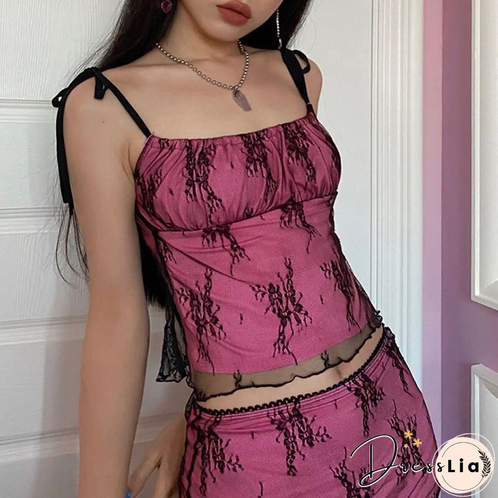 Women Vest Goth Punk Style Print Double Sides Tie Straps Square Neck Design Crop Tops Aesthetic Lace Tshirts