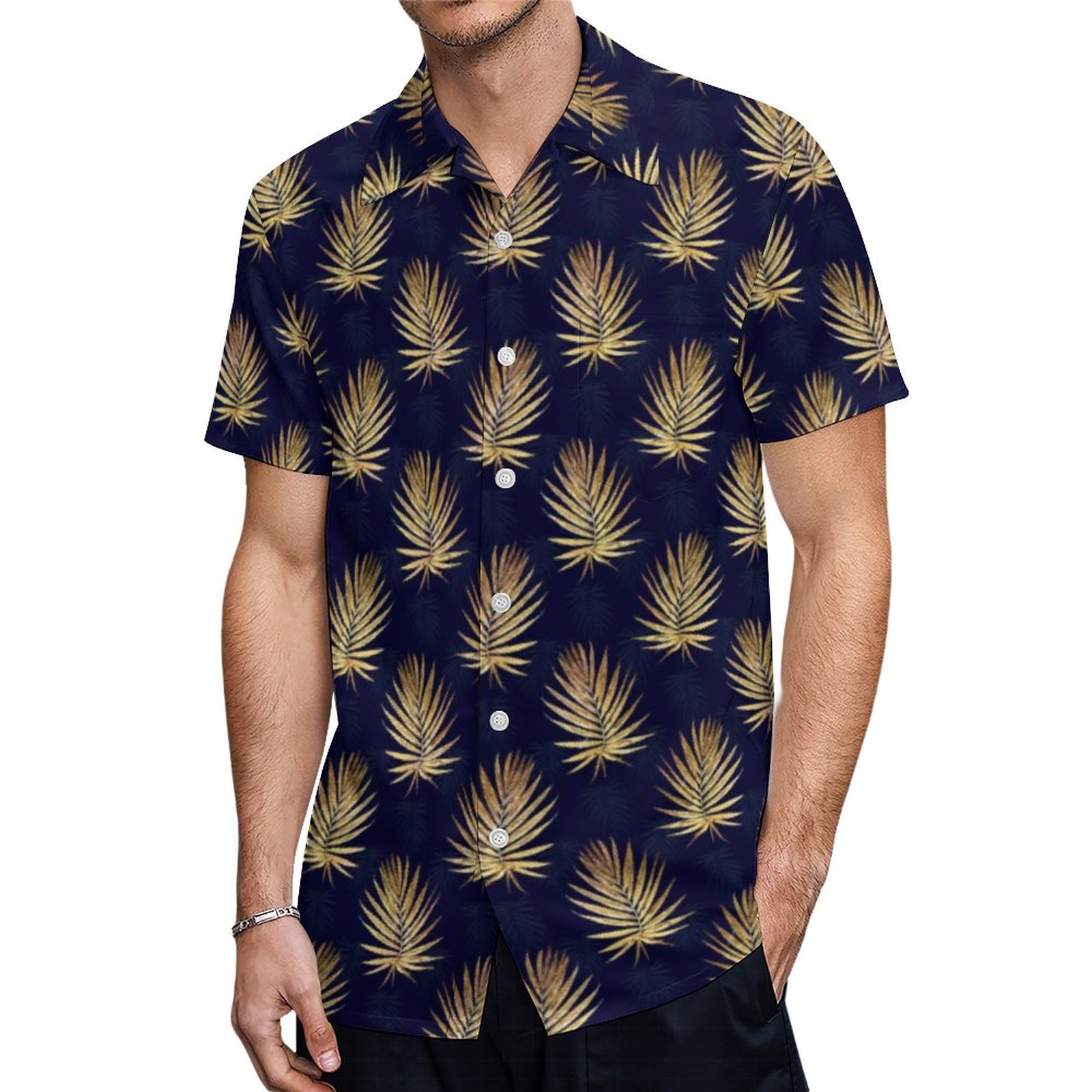 Gold Palm Leaves Navy Blue Artwork Case Mate Iphon Hawaiian Shirt Mens Button Down Tropical Hawaii Beach Shirts