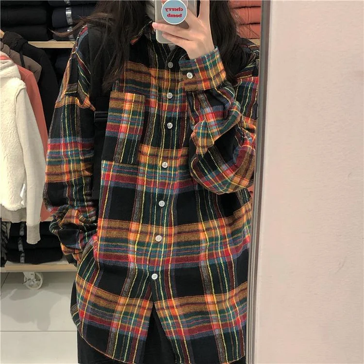Dubeyi Vintage Plaid Blouse Women Harajuku Oversized Basic Shirts Female Long Sleeve Tops Aesthetic Student Korean Style Shirt