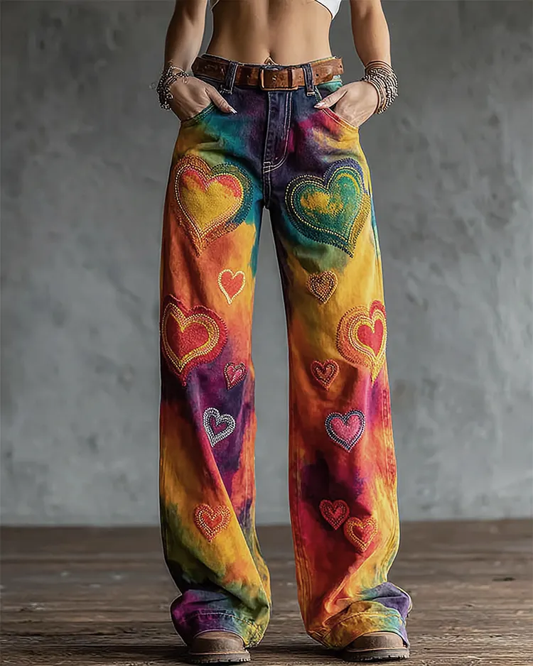Women's Spring Outdoor Comfortable Fashion Color Tie-Dye Heart Embroidered Jeans  4131