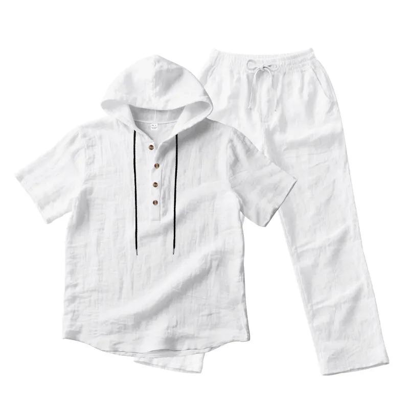Men’s Summer Short Sleeve Shirt Set Lightweight Premium Linen Hooded Shirt & Loose Straight-Leg Pants Set