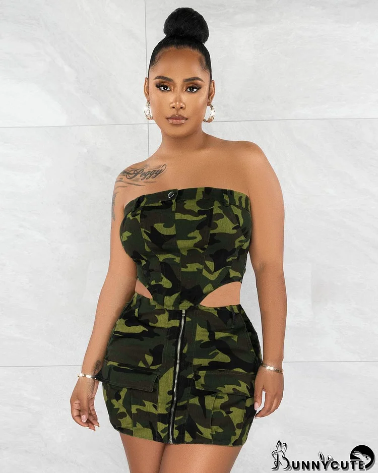 Women's Fashion Style Strapless Camouflage Denim Skirt Two-Piece Set