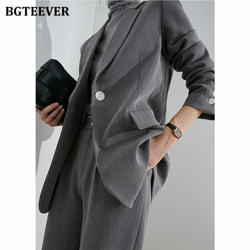 BGTEEVER 2021 Spring Office Wear Blazer Pant Suit Two Pieces Set Women One Button Suit Jacket & Wide Leg Pant Elegant Blazer Set