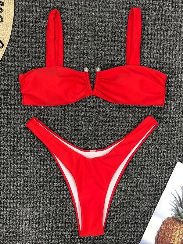 Solid Color Pearl Split Bikini Swimsuit