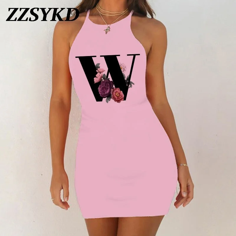 26 English Alphabet Print Summer Sexy Clothes Women Dresses 2020 Plus Size Dress Bodycon Evening Party O-Neck Pink Mini Vestidos