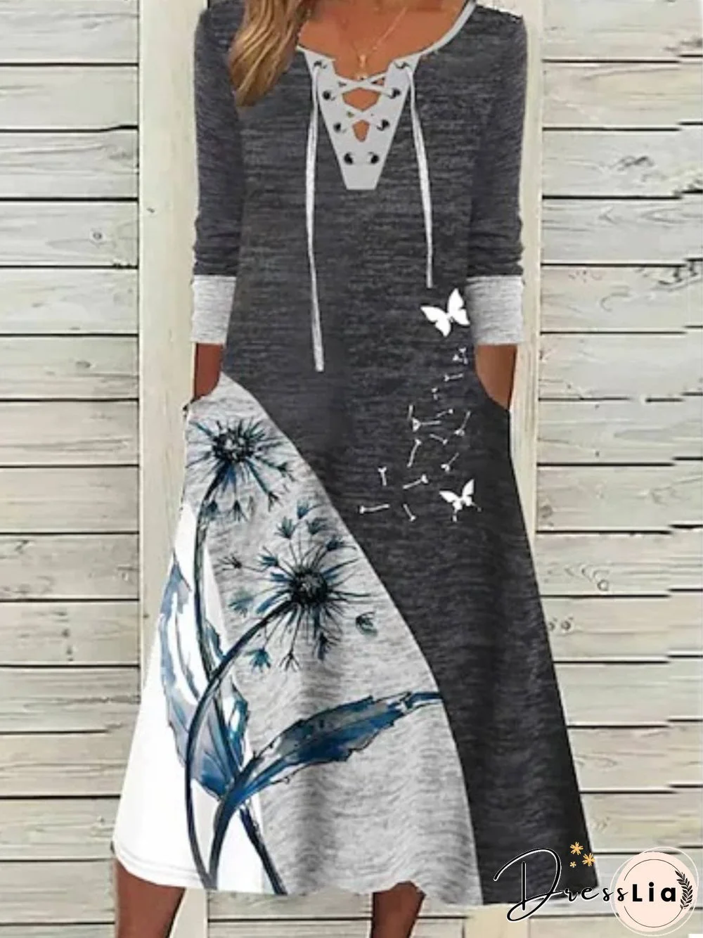 Casual V Neck Dandelion Loose Long sleeve Dresses