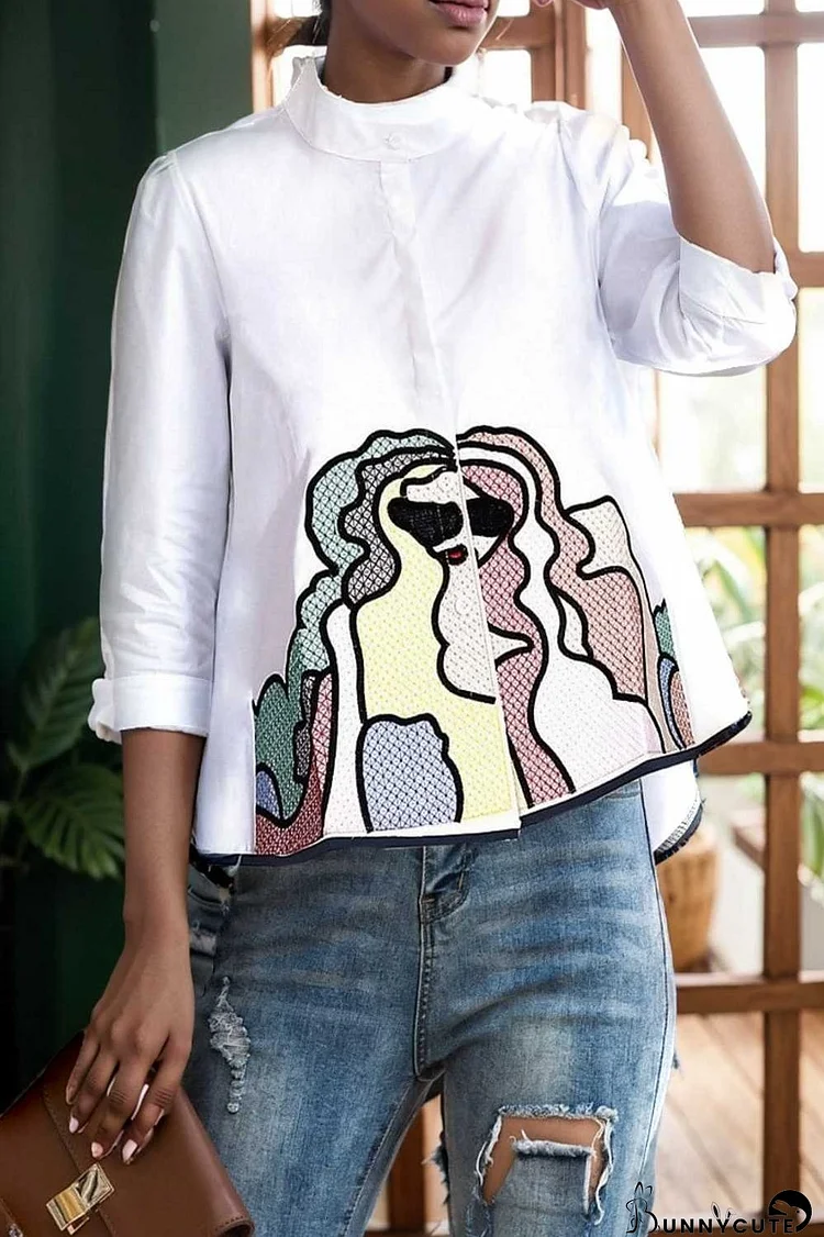 embroidered button mid sleeve casual blouse