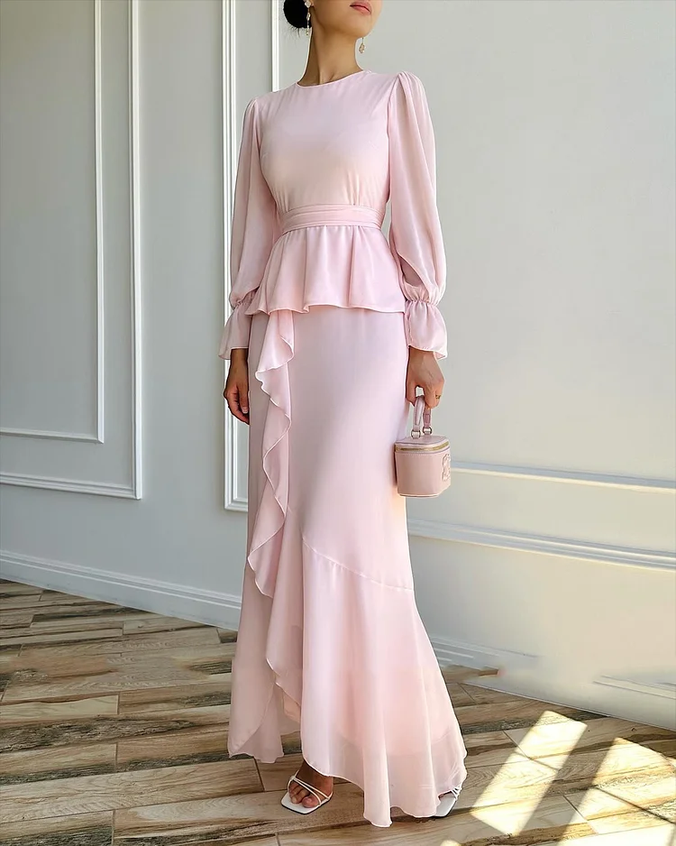 Women's Round Neck Ruffle Chiffon Dress