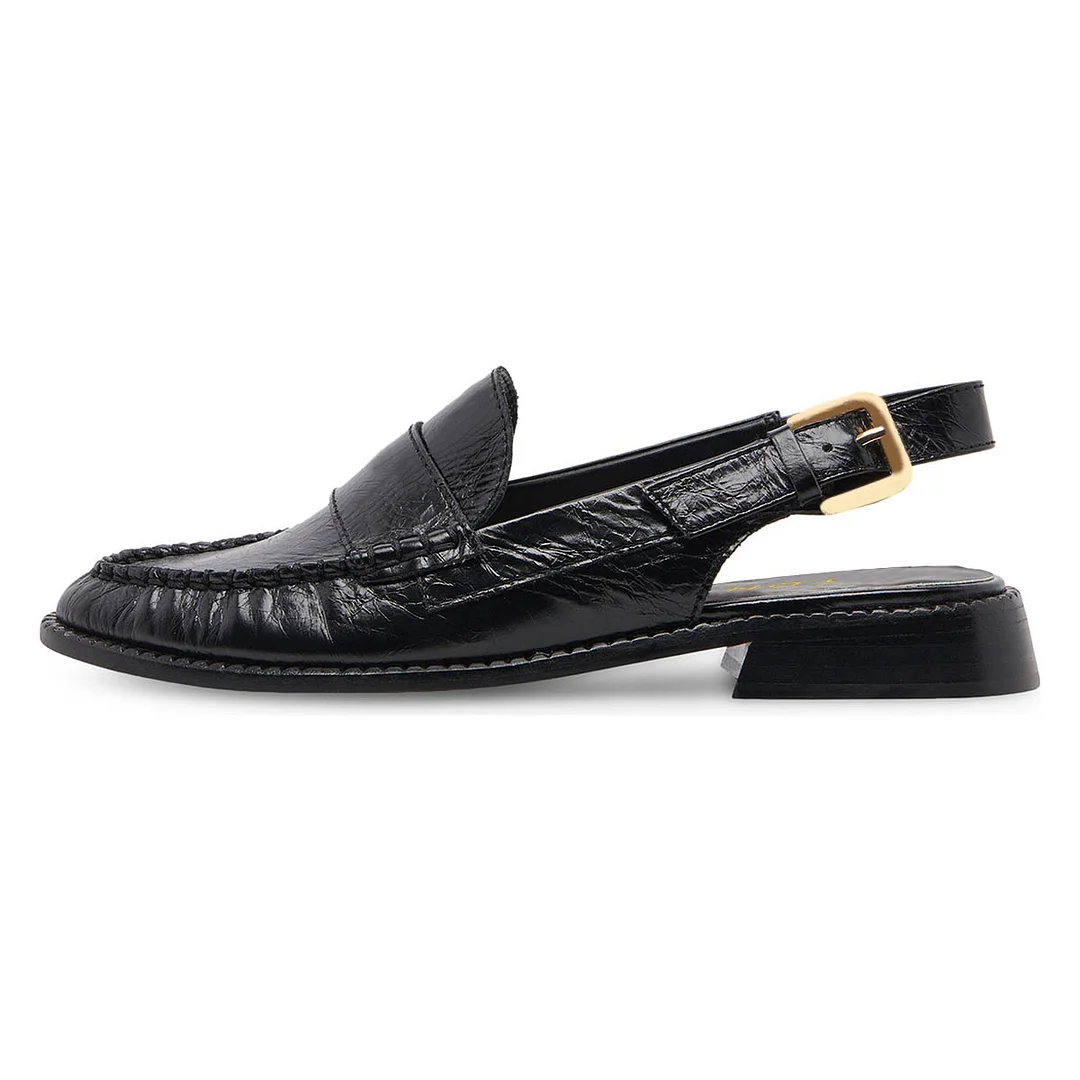 Black Round Toe Vegan Leather Flat Slingback Loafer Shoes for Women