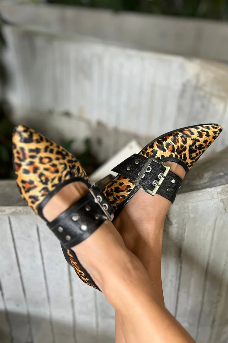 Leopard Print Instep Strap Buckle Pointed Toe Flats [Pre Order]