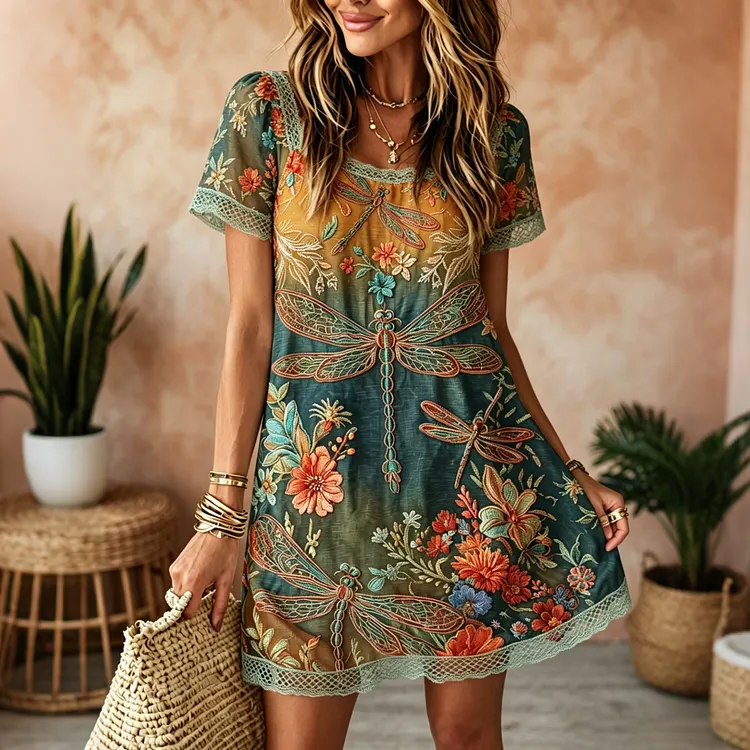 Women's Vintage Dragonfly And Floral Art Embroidered Linen Blend Round Neck Mini Dress