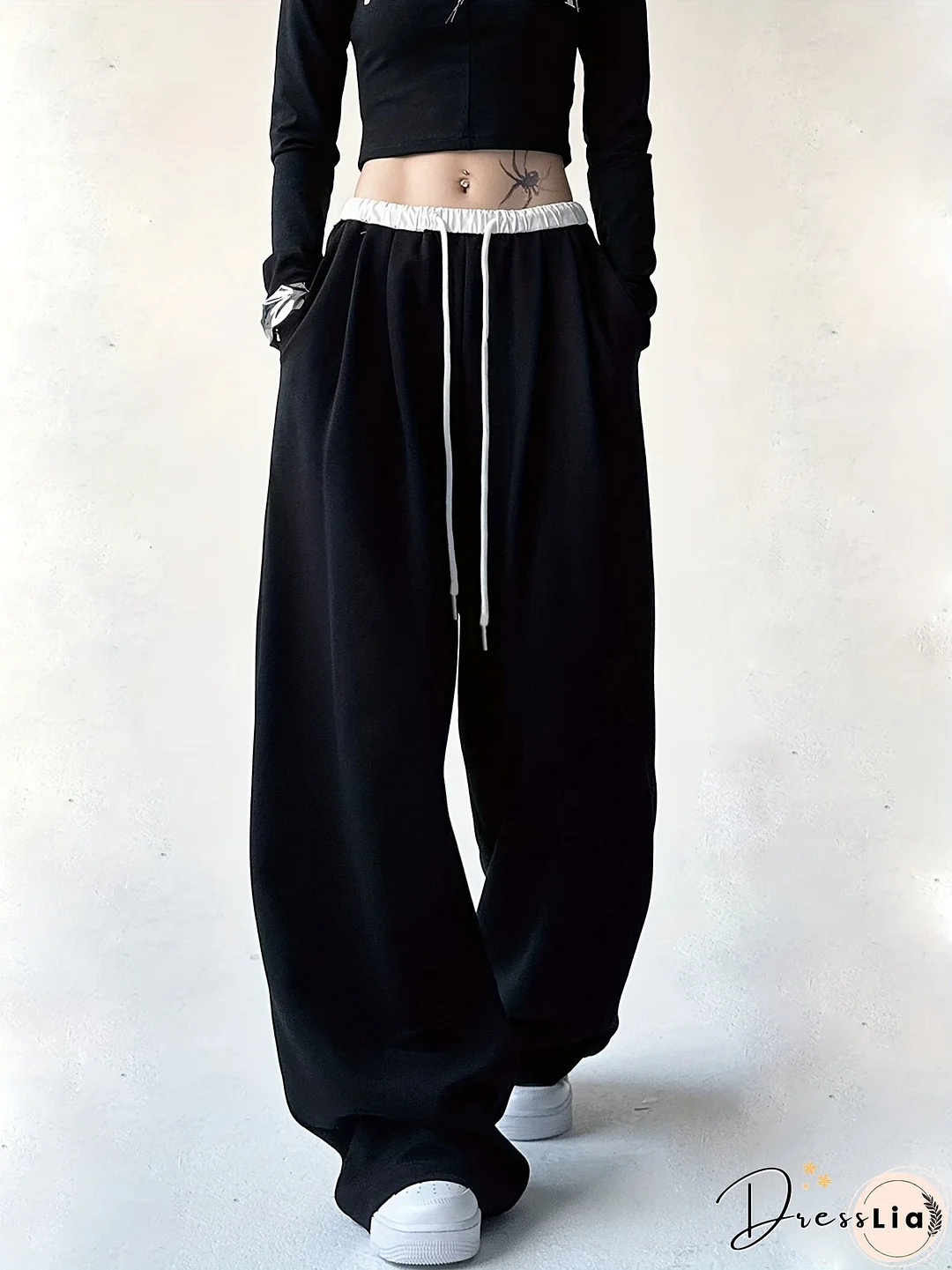 Color Block Wide Leg Pants, Casual Drawstring Loose Slant Pockets Pants For Spring & Fall, Women's Clothing