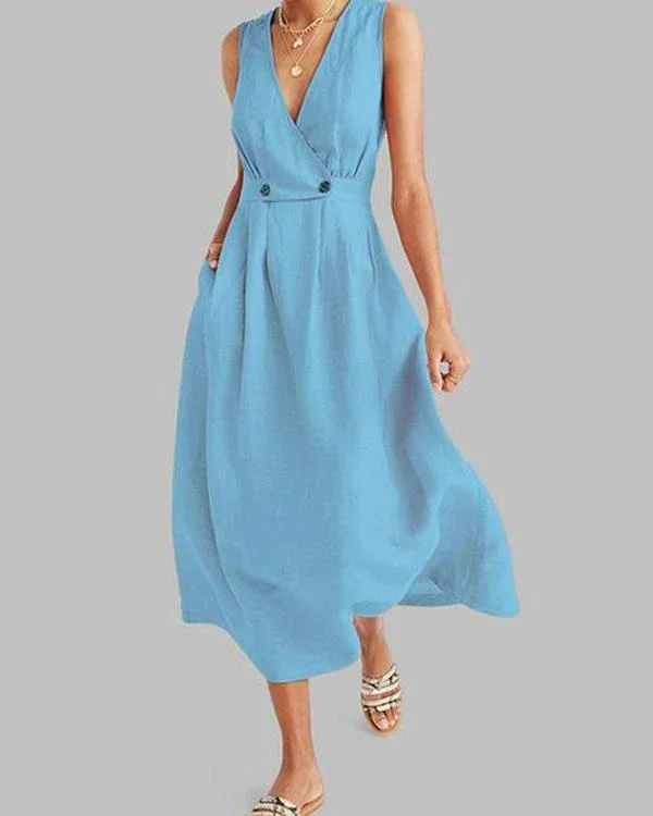 commuting v neck pleated solid colour button dress p110787