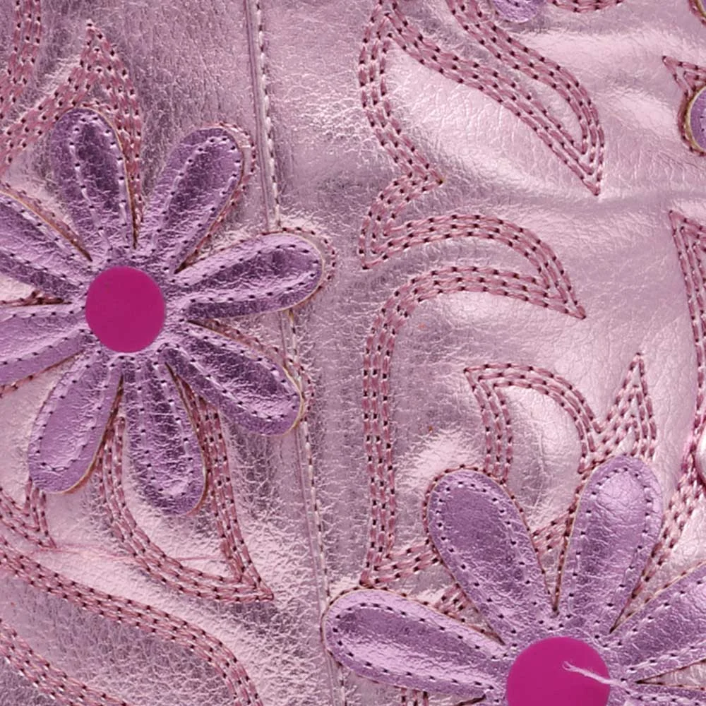 Pink Pointed Toe Chunky Heel Side Zipper Flower Cowgirl Boots