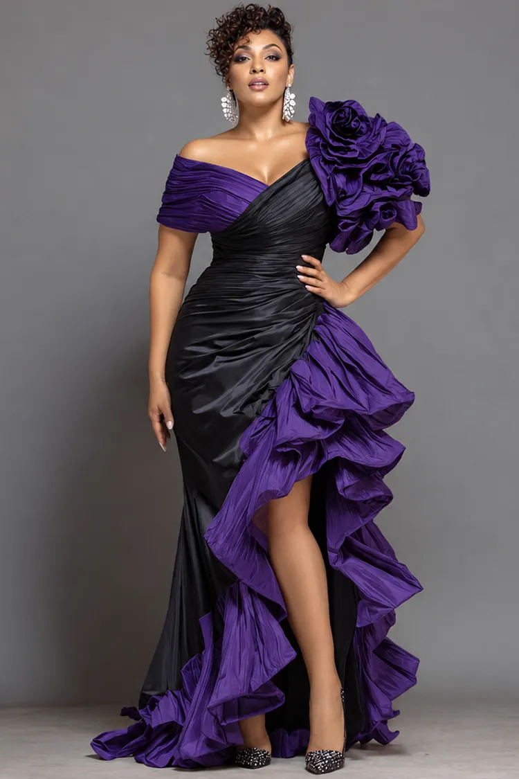 Xpluswear Design Plus Size Formal Black Off The Shoulder Ruffle 3D Satin Maxi Dresses [Pre-Order] 2024 - Xpluswear