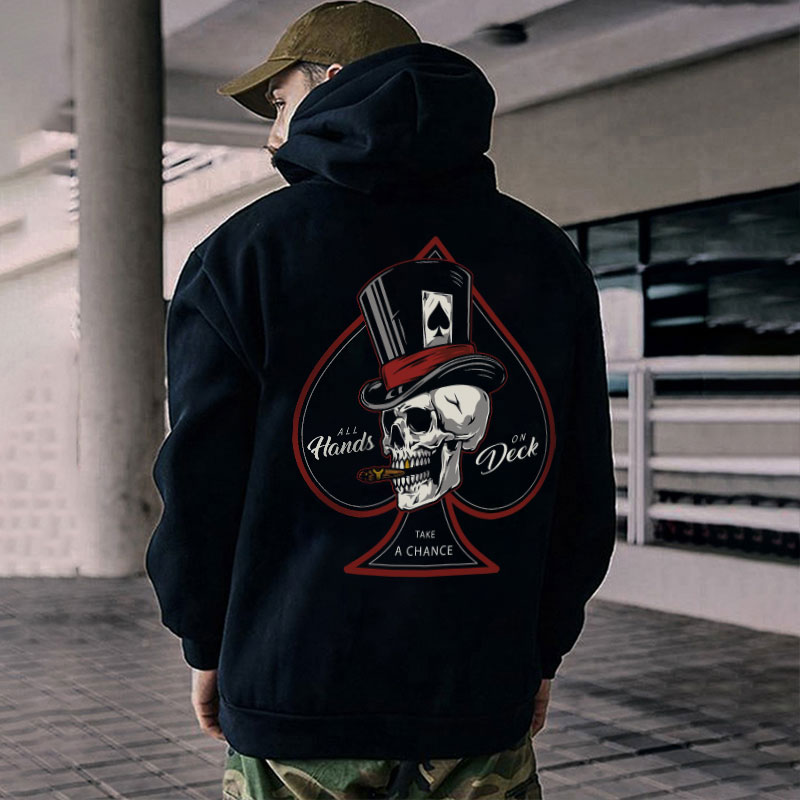 ALL HANDS ON DECK Gentle Skull with Poker Hat Graphic Black Print Hoodie