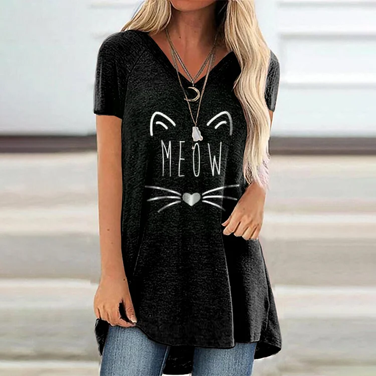 Wearshes Meow Print Short Sleeve Tunic