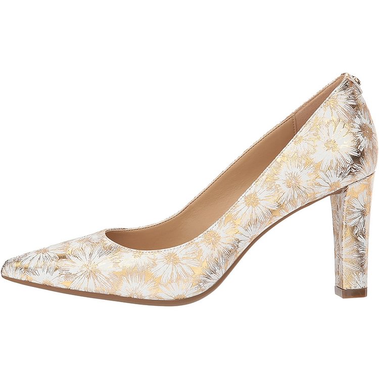 Champagne Floral Chunky Heels Pumps |FSJ Shoes