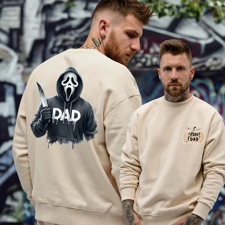 Spooky Dad Halloween Sweatshirt – Scream Ghost Face with Personalized Sleeve Names, Perfect Fall Outfit For Dads
