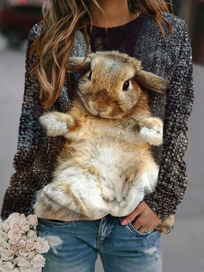 Women's Cute Rabbit Print Round Neck Sweatshirt
