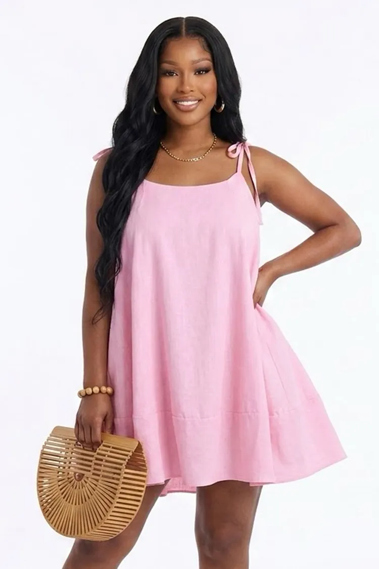mini sleeveless women's light pink off the shoulder dress Light Pink Sleeveless Off-The-Shoulder Self-Tie Front Crochet Bottom Detail Mini Dress /1-2-2-1