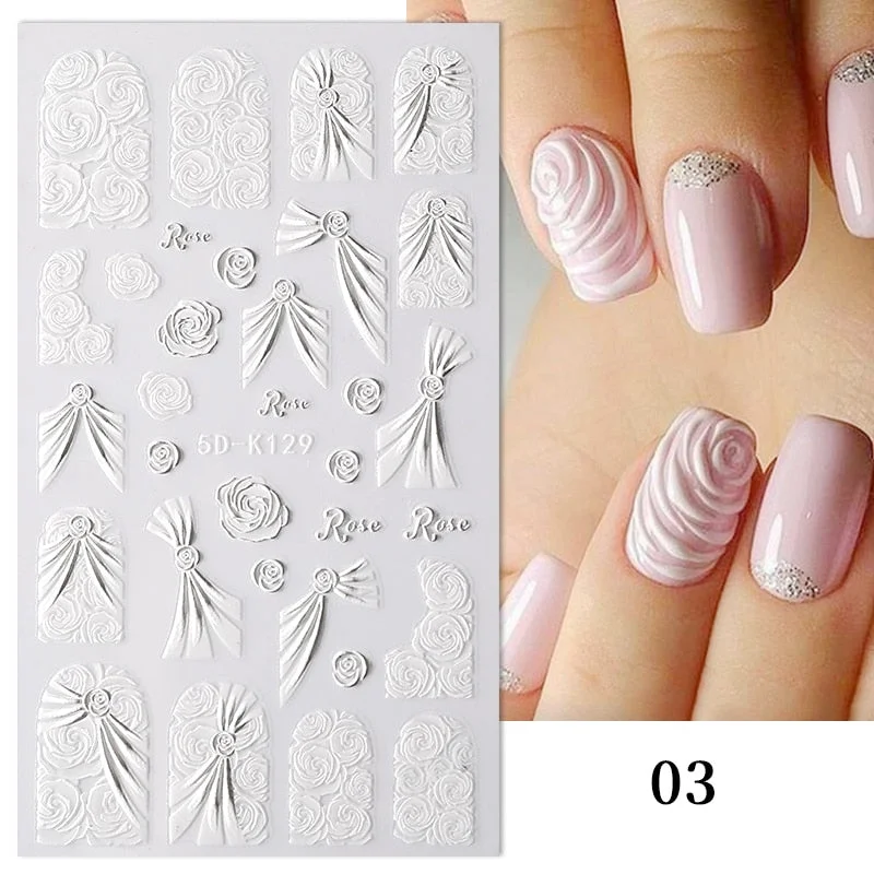 1PC French 5D Nail Sticker Embossed Flower Bubble Pattern Self-Adhesive Slider Wedding Design Nails Decals Nail Art Decoration-Nail Inspo