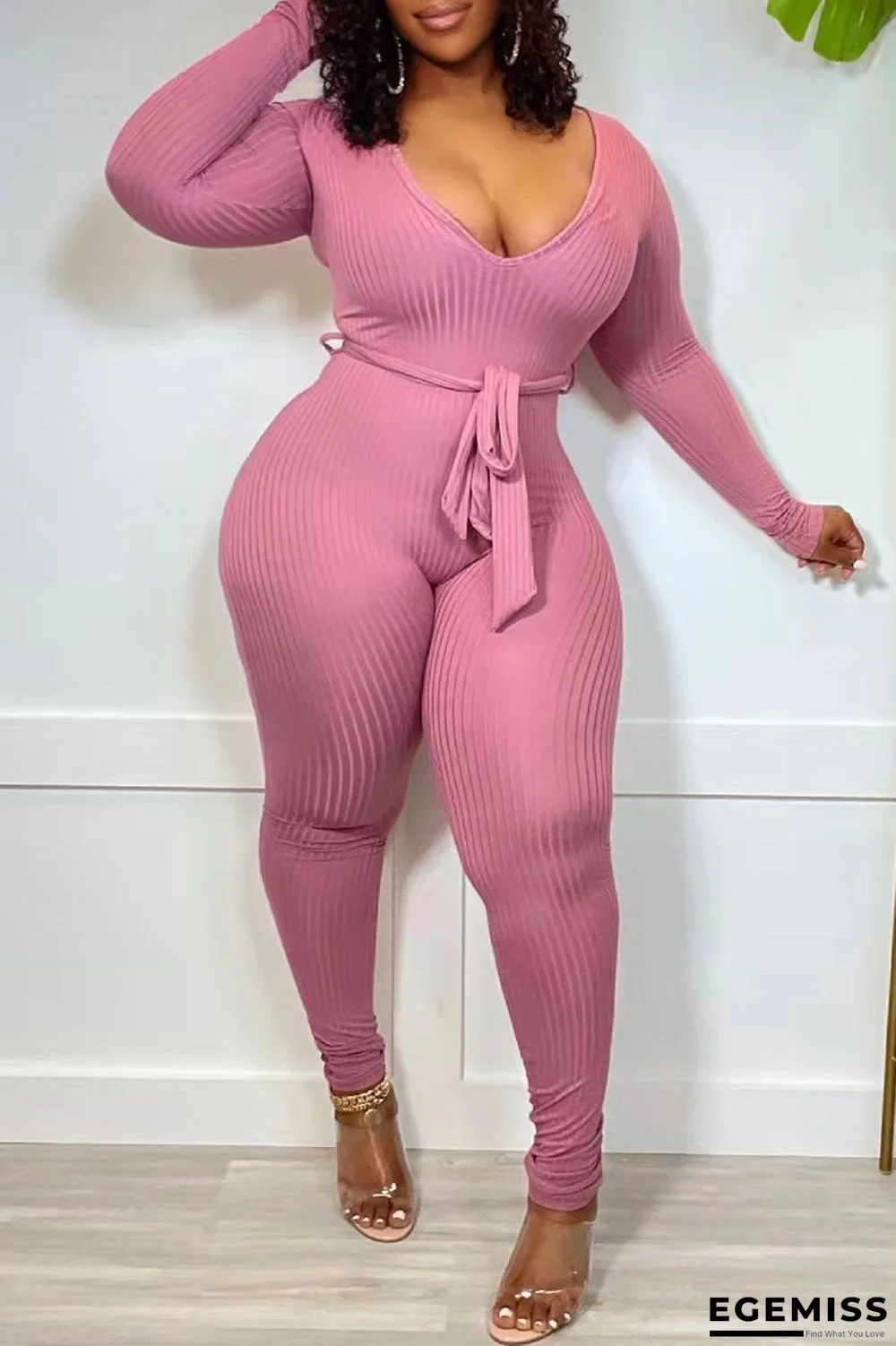 Rose Red Fashion Casual Solid Basic V Neck Skinny Jumpsuits | EGEMISS