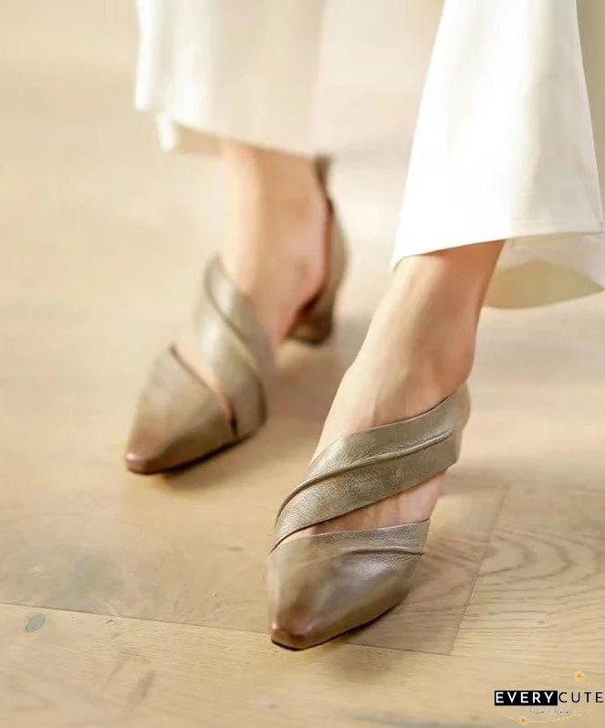 Coffee Hollow Out Pointed Toe Splicing Chunky High Heels