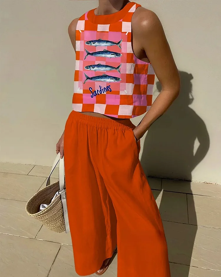 Plaid Fish Print Top & Pants Two-Piece Set