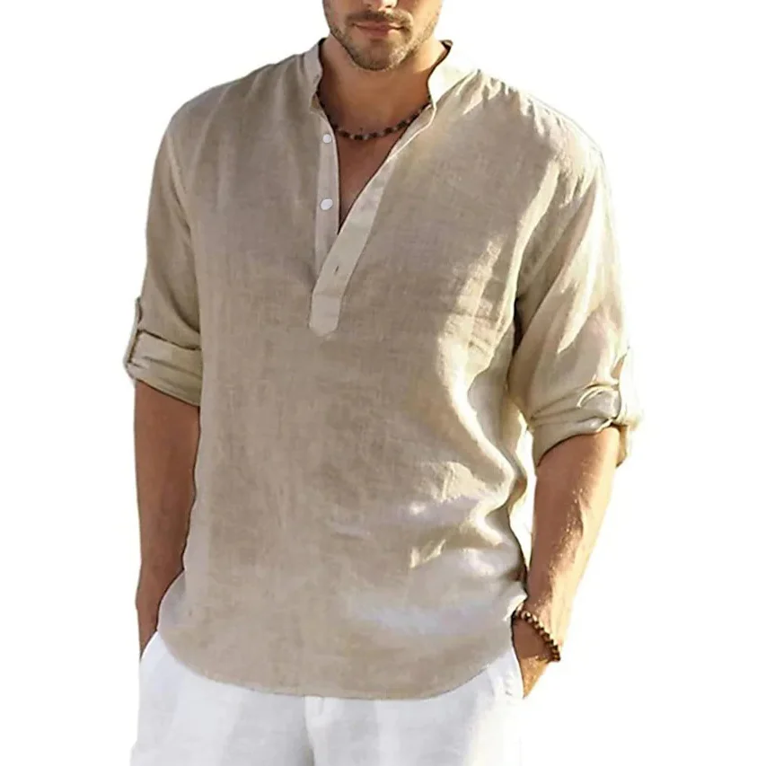 Men's Solid Color Casual Long Sleeve Cotton Linen Shirt-inspireuse